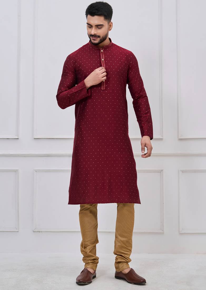 Maroon silk premium designer festive wear kurta pyjama set
