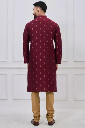 maroon woven motif silk blend kurta pajama set