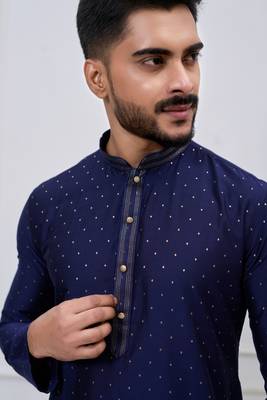 navy blue sequin dotted silk blend kurta pajama set 5