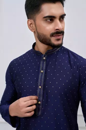 navy blue sequin dotted silk blend kurta pajama set
