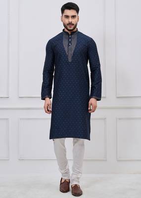 midnight blue embellished silk blend festive kurta pajama set 1