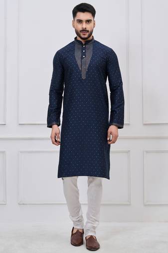 Navy blue silk premium designer festive wear kurta pyjama set