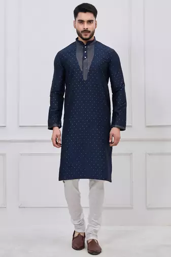 Navy blue silk premium designer festive wear kurta pyjama set