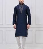 Navy blue silk premium designer festive wear kurta pyjama set