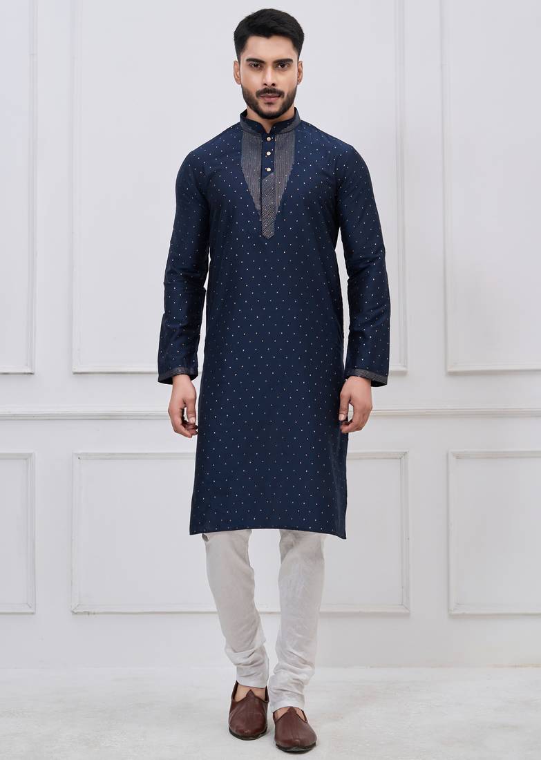 Navy blue silk premium designer festive wear kurta pyjama set