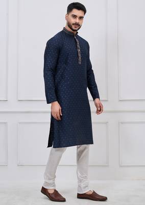 navy blue embellished silk blend kurta pajama set for men 2
