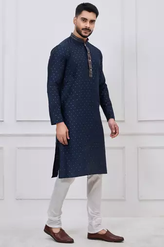 navy blue embellished silk blend kurta pajama set for men