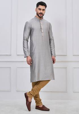 silver grey silk blend festive kurta pajama set for men 3