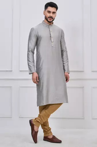 silver grey silk blend festive kurta pajama set for men