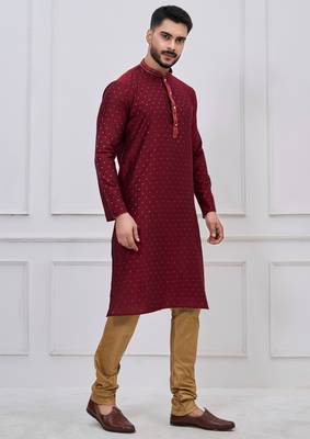 maroon embellished silk blend kurta pajama set for men 2