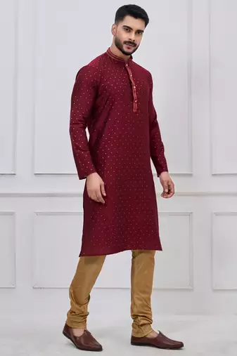maroon embellished silk blend kurta pajama set for men