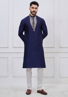 navy blue embellished silk blend festive kurta pajama set 1