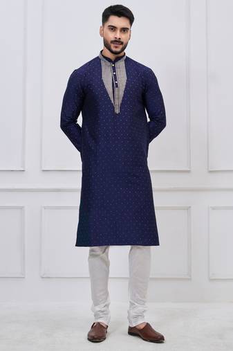 Navy blue silk premium designer festive wear kurta pyjama set