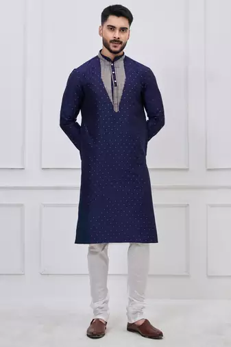 Navy blue silk premium designer festive wear kurta pyjama set