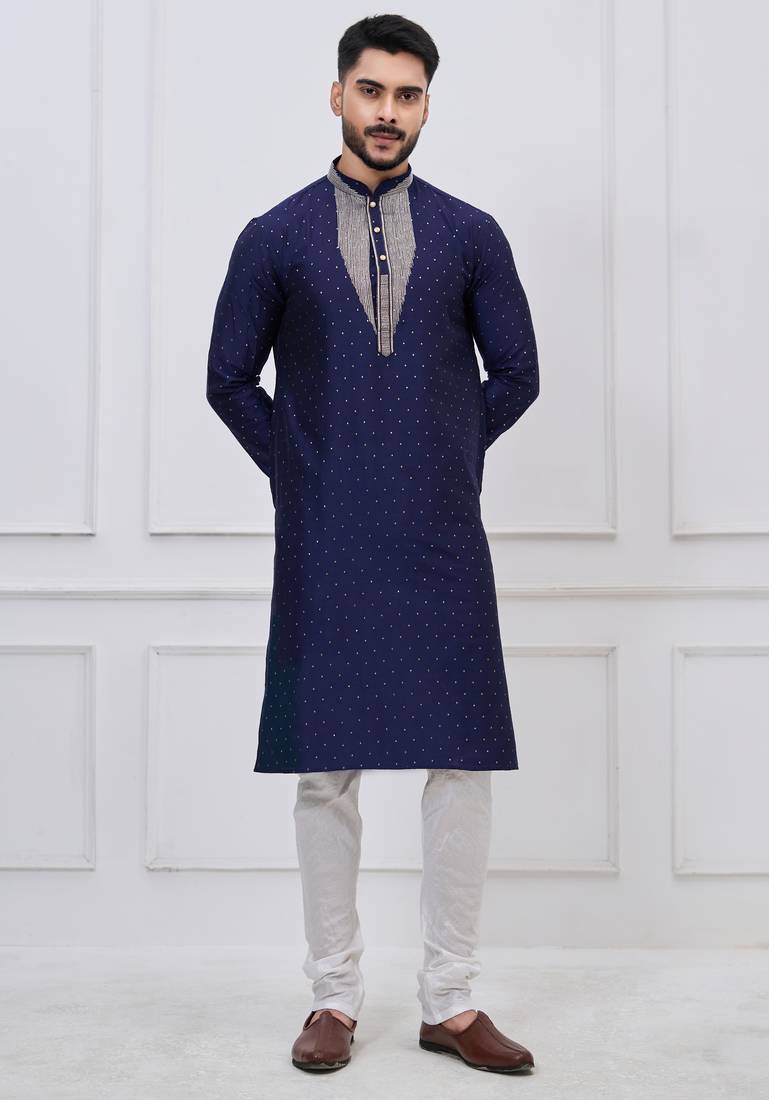 Navy blue silk premium designer festive wear kurta pyjama set