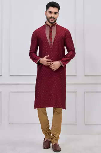 Maroon silk premium designer festive wear kurta pyjama set