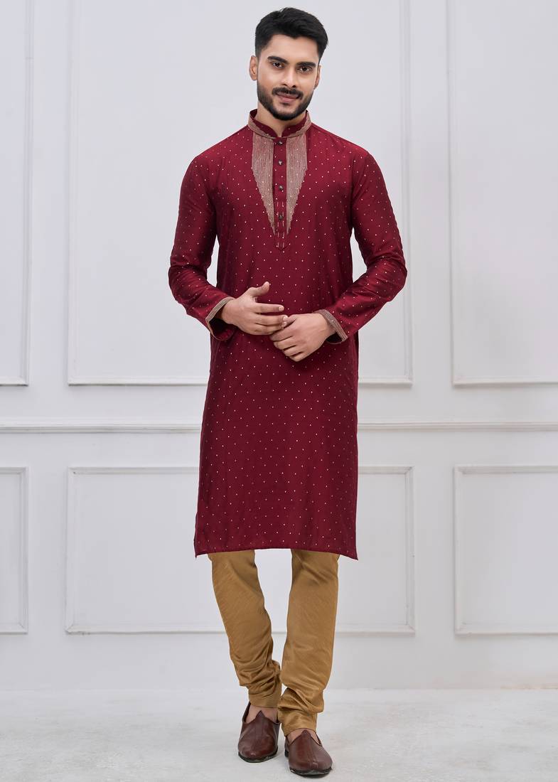 Maroon silk premium designer festive wear kurta pyjama set