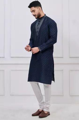 midnight blue embellished silk blend festive kurta pajama set