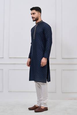 navy blue embellished silk blend kurta pajama set for men 3
