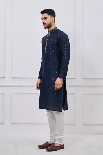 navy blue embellished silk blend kurta pajama set for men