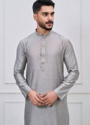 silver grey silk blend festive kurta pajama set for men 4