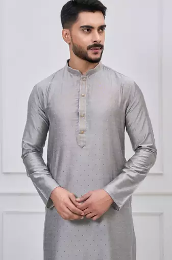 silver grey silk blend festive kurta pajama set for men