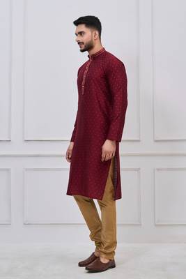 maroon embellished silk blend kurta pajama set for men 3