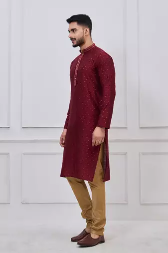 maroon embellished silk blend kurta pajama set for men