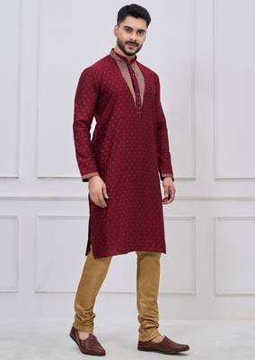 maroon embellished silk blend festive kurta pajama set 2