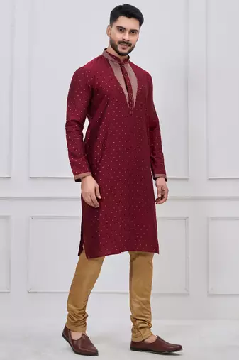 maroon embellished silk blend festive kurta pajama set