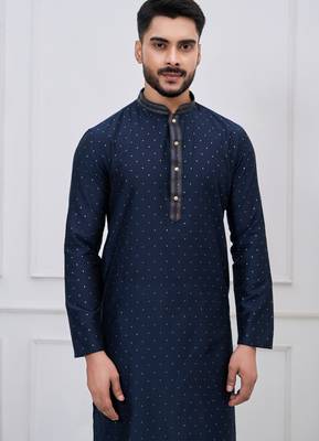navy blue embellished silk blend kurta pajama set for men 4