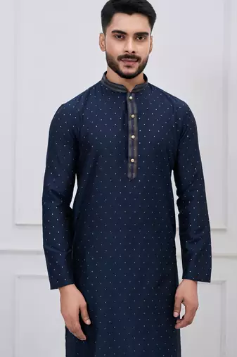 navy blue embellished silk blend kurta pajama set for men