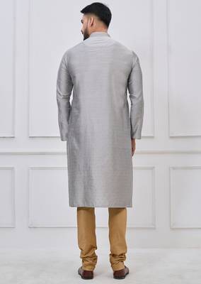 silver grey silk blend festive kurta pajama set for men 5