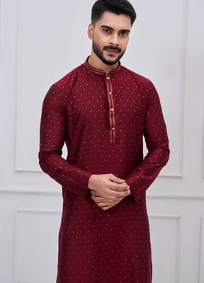 maroon embellished silk blend kurta pajama set for men 4