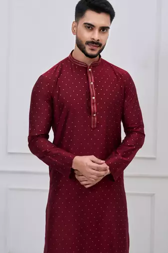 maroon embellished silk blend kurta pajama set for men