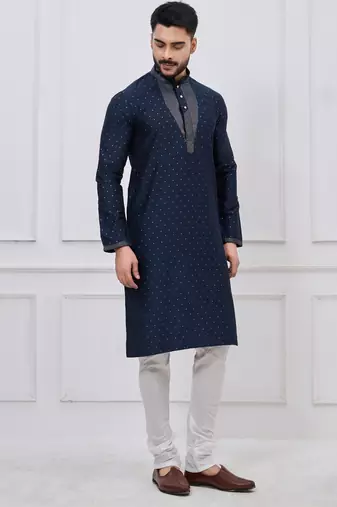 midnight blue embellished silk blend festive kurta pajama set