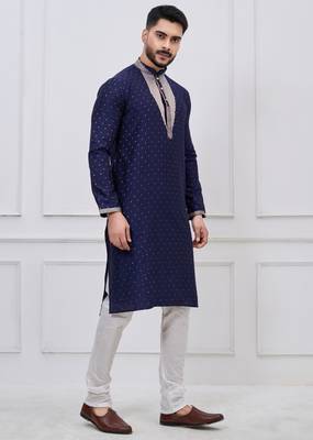 navy blue embellished silk blend festive kurta pajama set 2
