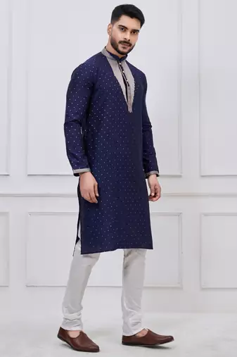 navy blue embellished silk blend festive kurta pajama set