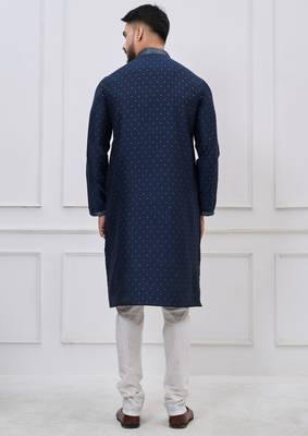 navy blue embellished silk blend kurta pajama set for men 5