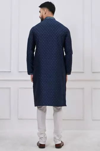 navy blue embellished silk blend kurta pajama set for men