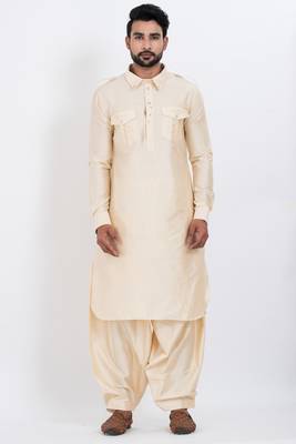 cream viscose blend classic pathani suit set for men 1