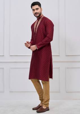 maroon embellished silk blend festive kurta pajama set 3