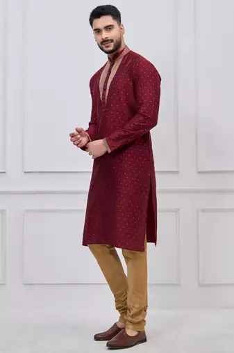 maroon embellished silk blend festive kurta pajama set