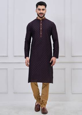 dark purple silk blend festive kurta pajama set for men 1