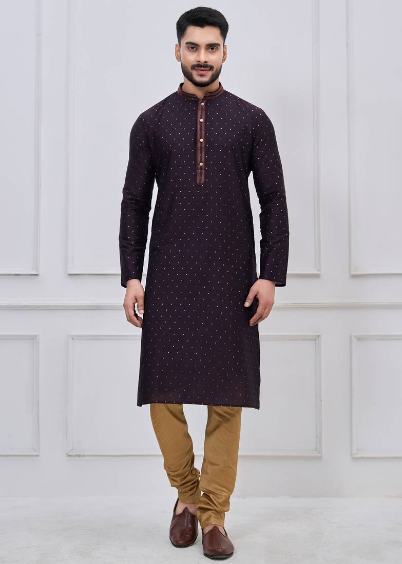 Dark purple silk premium designer festive wear kurta pyjama set