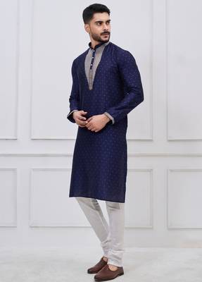navy blue embellished silk blend festive kurta pajama set 3