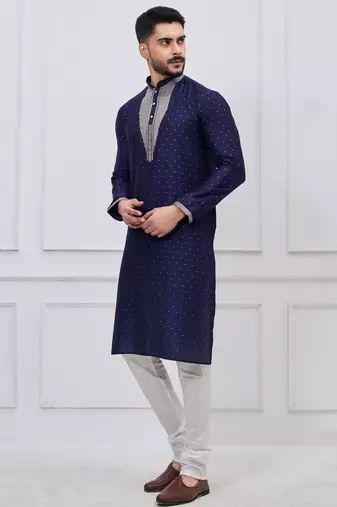 navy blue embellished silk blend festive kurta pajama set