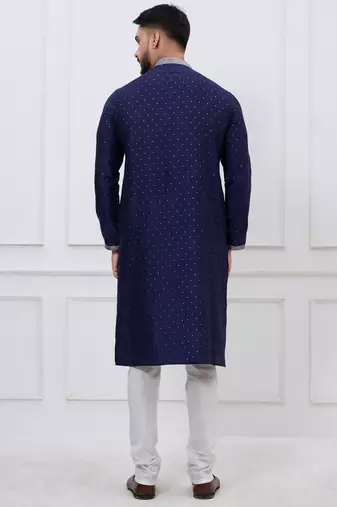 midnight blue embellished silk blend festive kurta pajama set