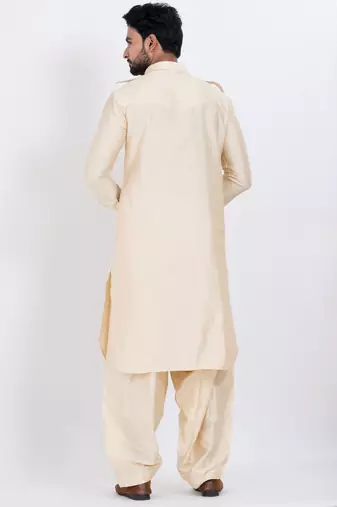 cream viscose blend classic pathani suit set for men