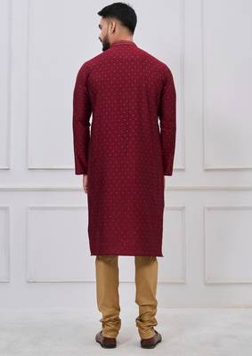 maroon embellished silk blend kurta pajama set for men 5